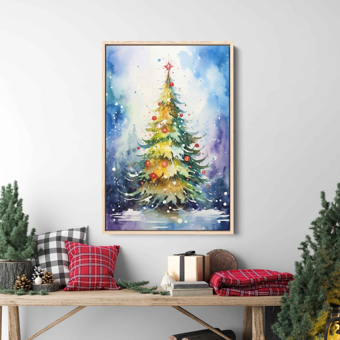 Snowy Watercolor Christmas Tree Red Ornaments Starry Sky Poster
