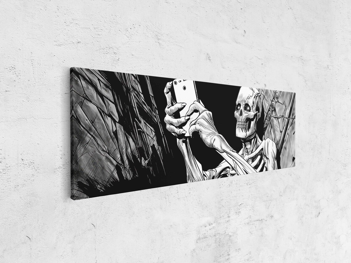 Gothic Skeleton Taking Selfie in Crypt Funny Comic Ink Halloween Wall Poster - Image 4