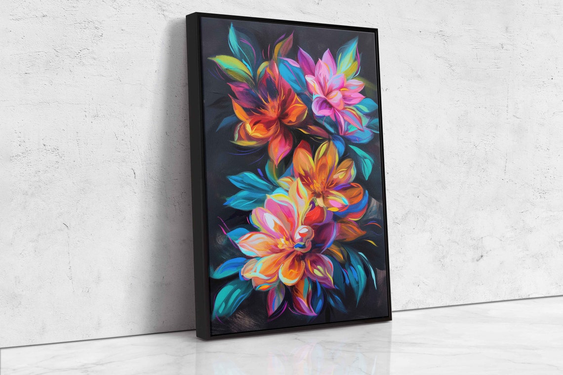 Abstract Neon Flowers Dark Background Colorful Blooms Painting Poster - Image 4