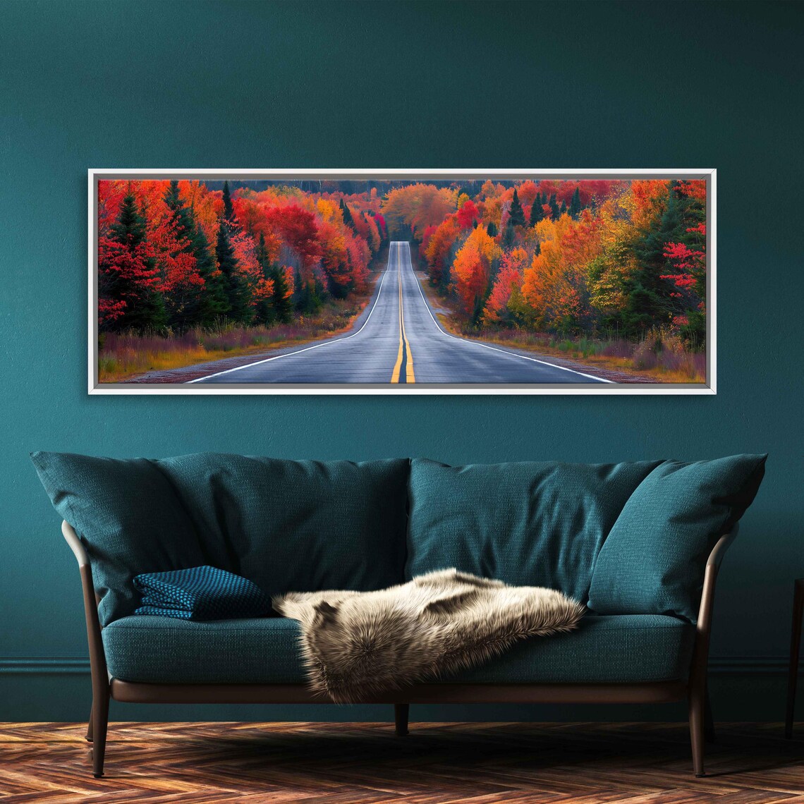 Straight Empty Road Into Fiery Autumn Forest Fall Photo Wall Art - Image 3