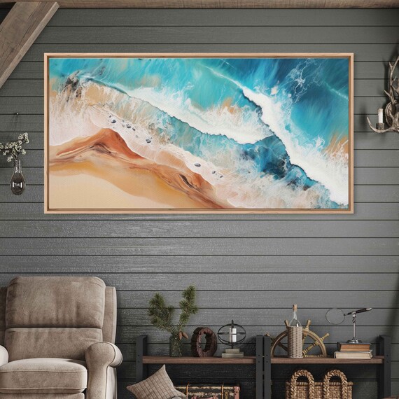 Abstract Aerial Ocean Waves Swirling Foam Terracotta Sand Beach Art Print