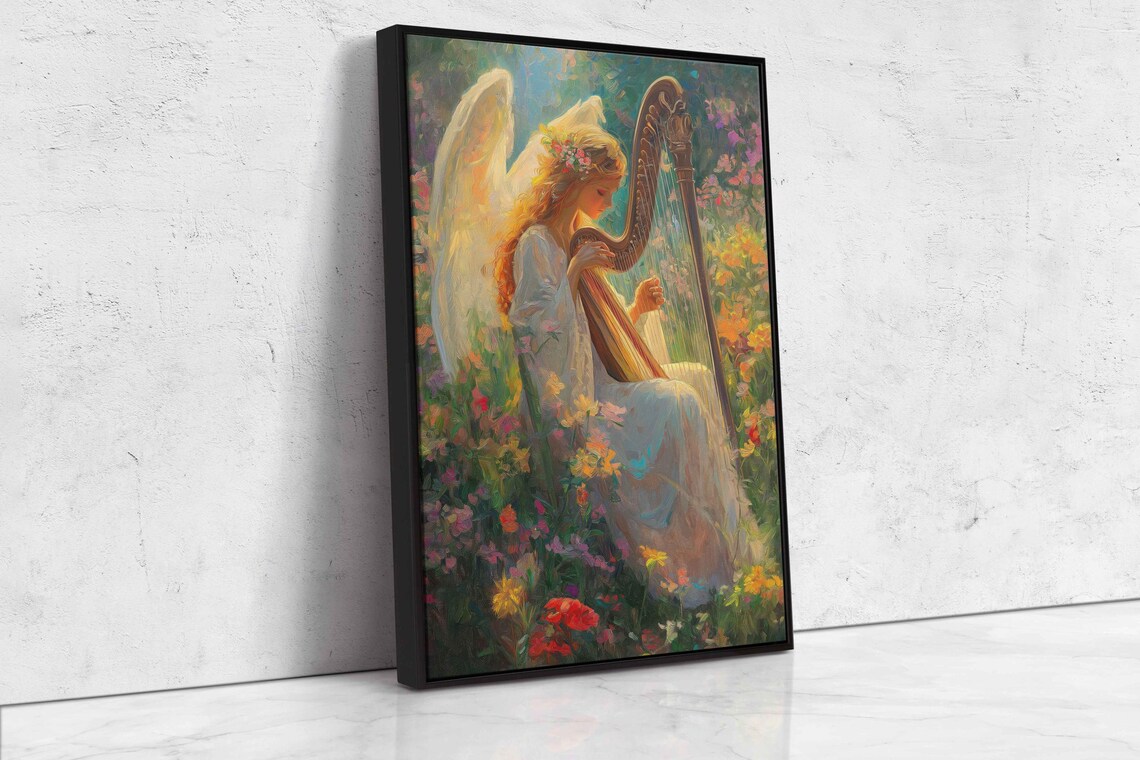 Angel Playing Harp in Flower Fields Art Print - Image 4