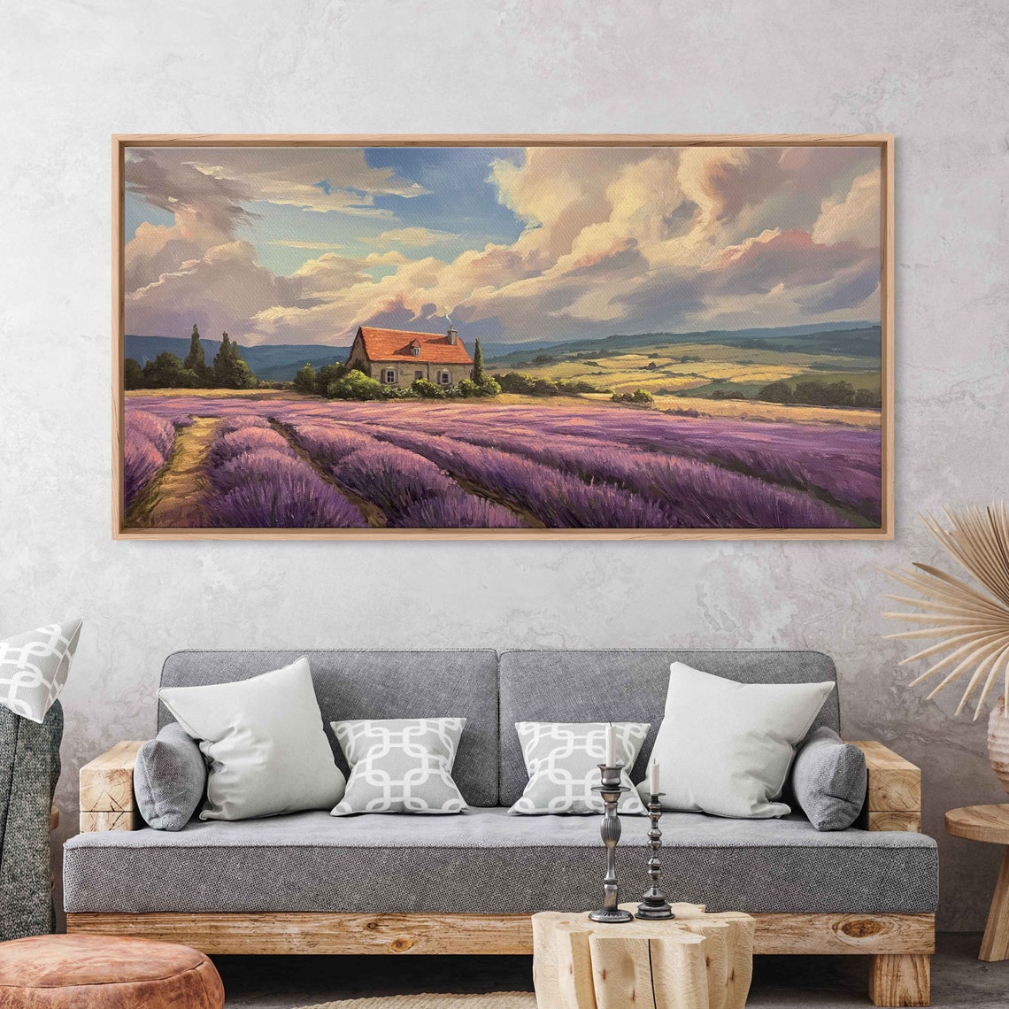 Lavender Field Country House Blooming Rows Sunset Sky Painting Poster