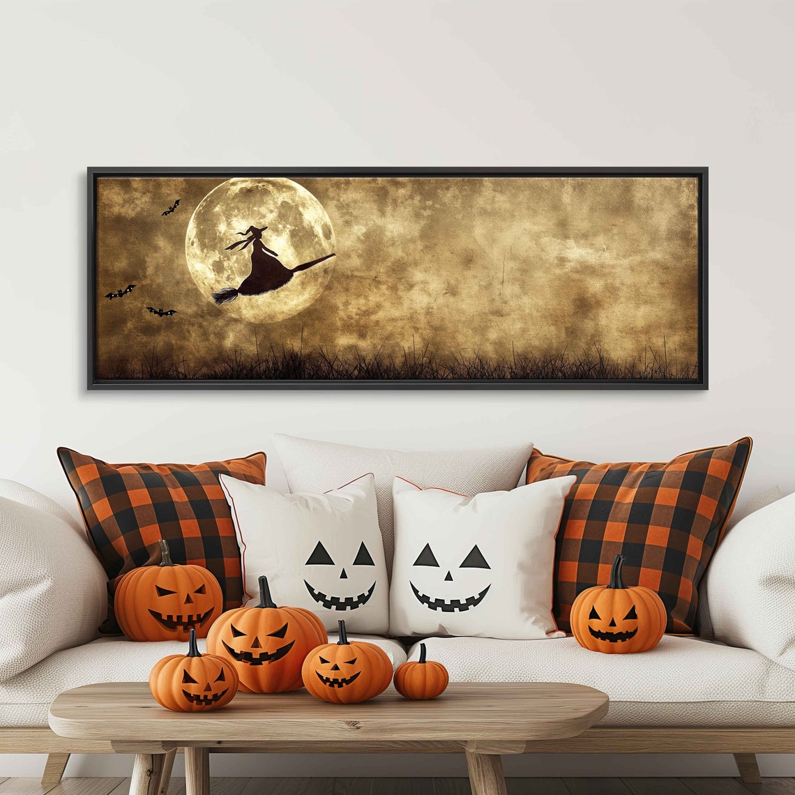 Witch Riding Broomstick Across Full Moon Bats Vintage Halloween Print - Image 3