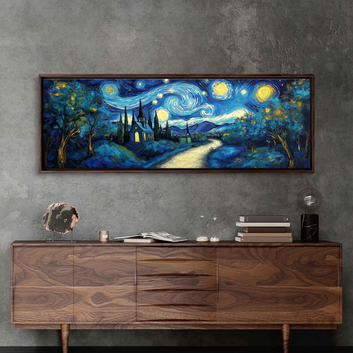 Starry Night Landscape, Vibrant Path Trees Chapel