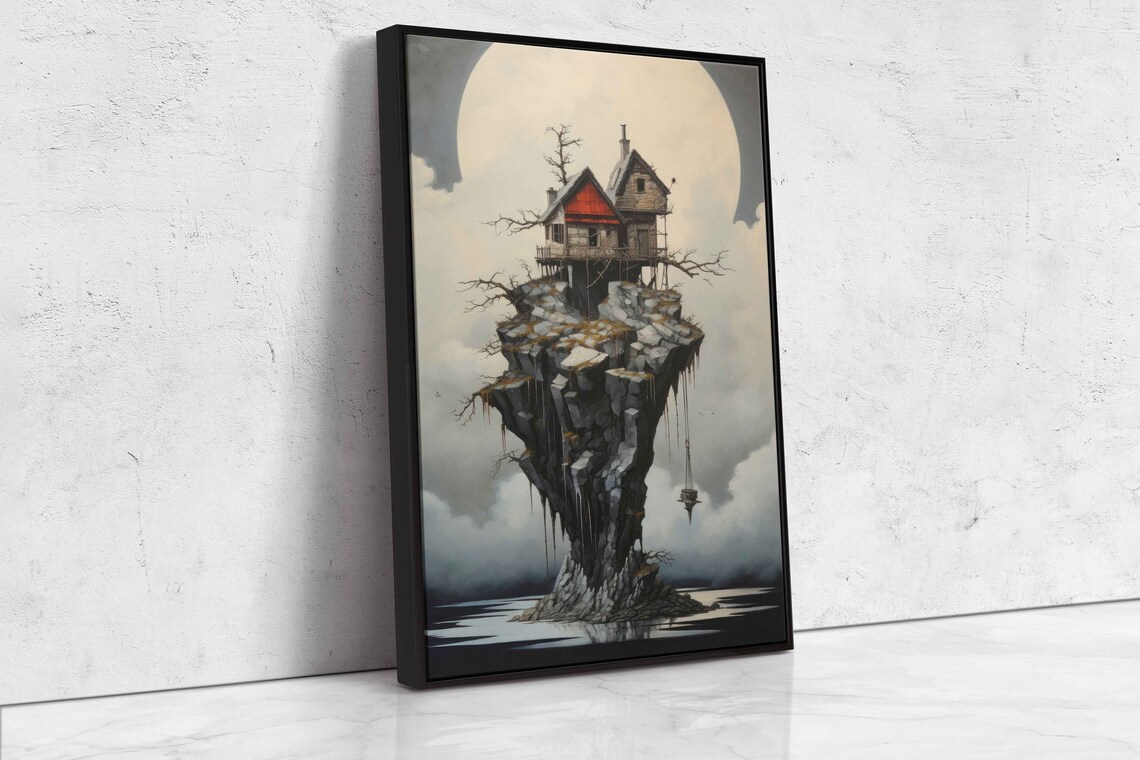 Surreal House On Rocky Island Full Moon Dreamy Fantasy Home Art - Image 4