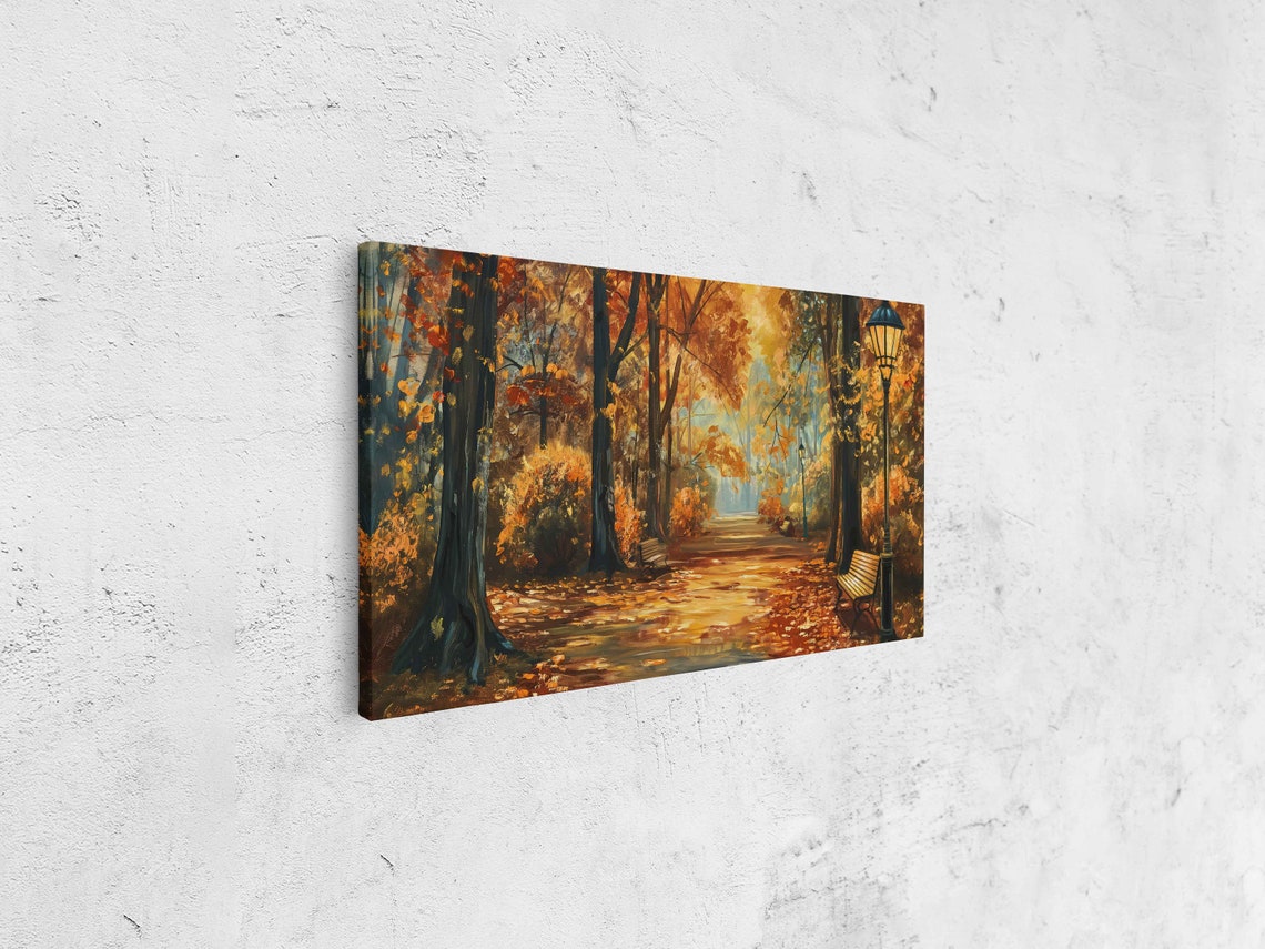 Golden Autumn Park Path Benches Lamps Fall Foliage Panoramic Poster - Image 4
