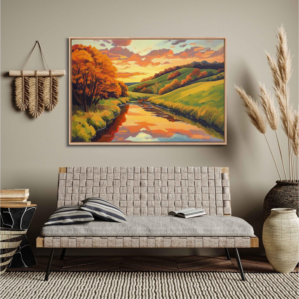 Serene Countryside Landscape, Autumn Foliage Stream - Image 3