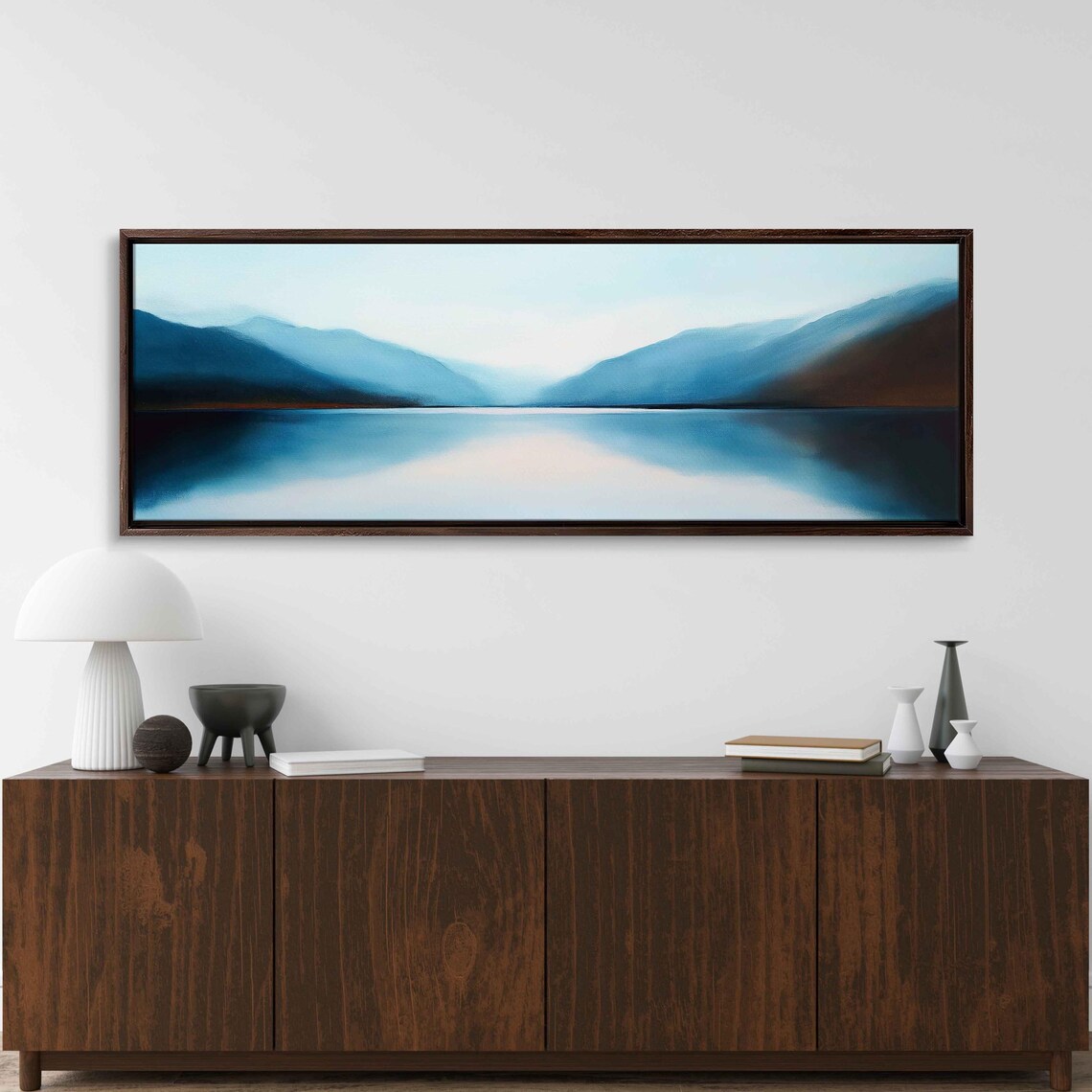 Misty Blue Mountain Lake Minimalist Panoramic Landscape Soft Tones Art Poster