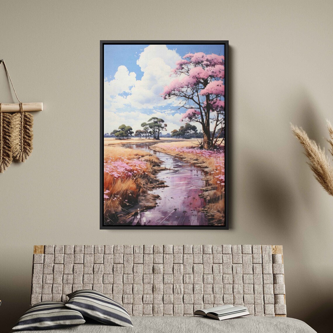 Pink Trees River Valley Landscape Painting Impressionist Art Cloudy Skies Framed Print Ready To Hang