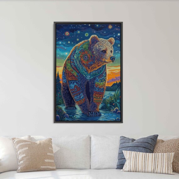 Grizzly Bear Tribal Pattern Art Starry Night Vivid Colors Ornate Wildlife Acrylic Poster