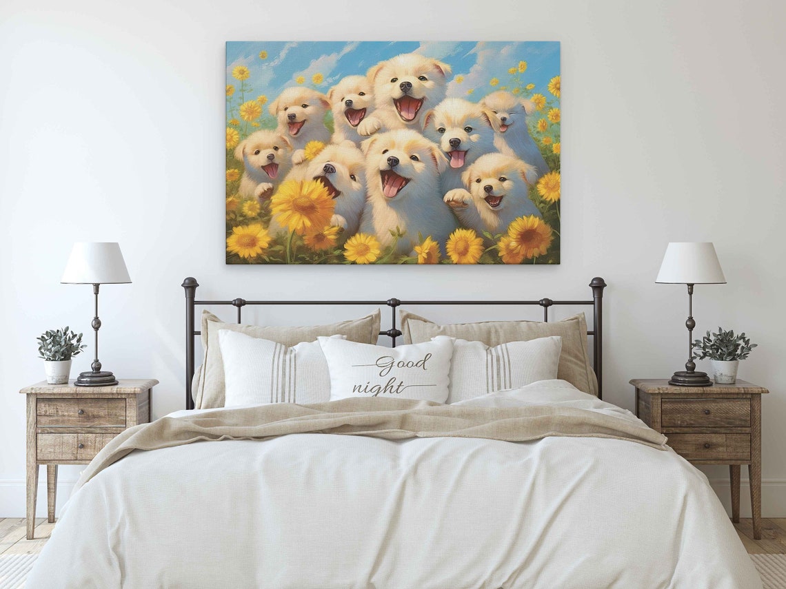 Fluffy White Puppies Sunflower Field Joyful Dog Lovers Art Print - Image 3