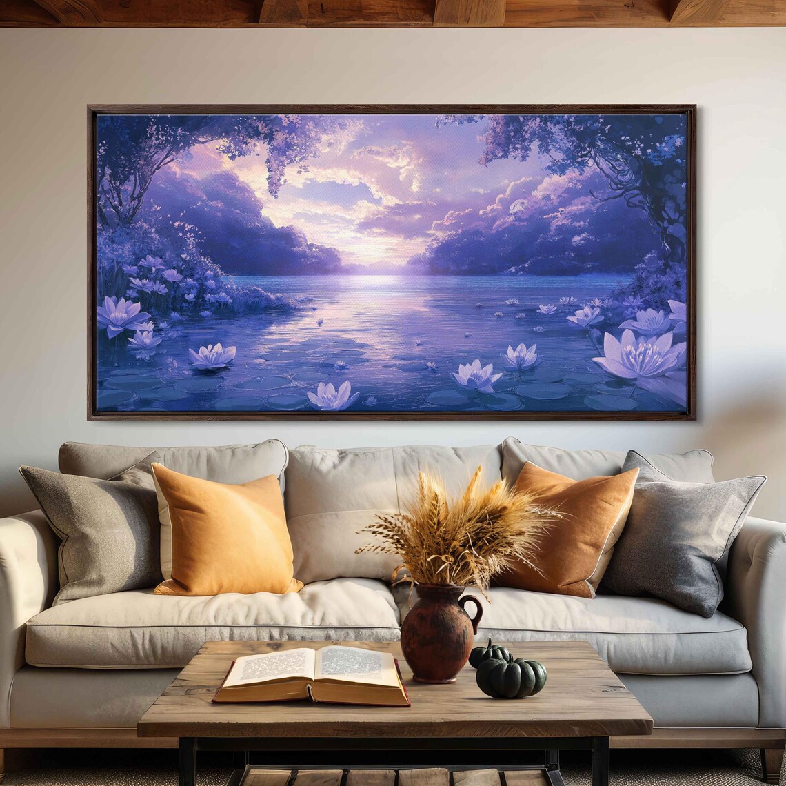 Lavender Lake Water Lilies Purple Sunset Blossom Cove Fantasy Poster