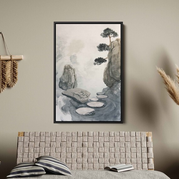 Japanese Zen Stepping Stones Over Water Cliff Pine Tree Watercolor Print