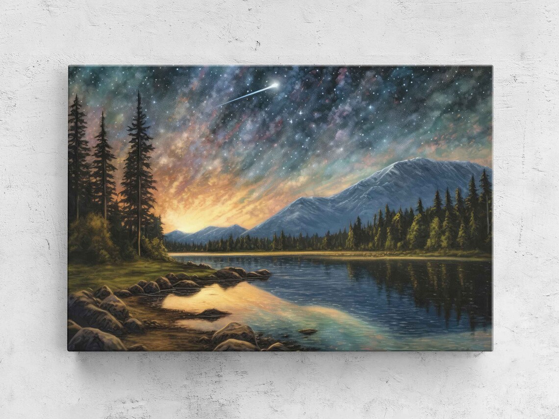 Shooting Star In Starry Night Sky Landscape Art Print