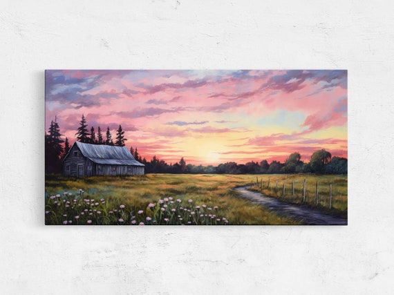 Rustic Farm Land Panoramic Oil Painting Framed Print Ready To Hang