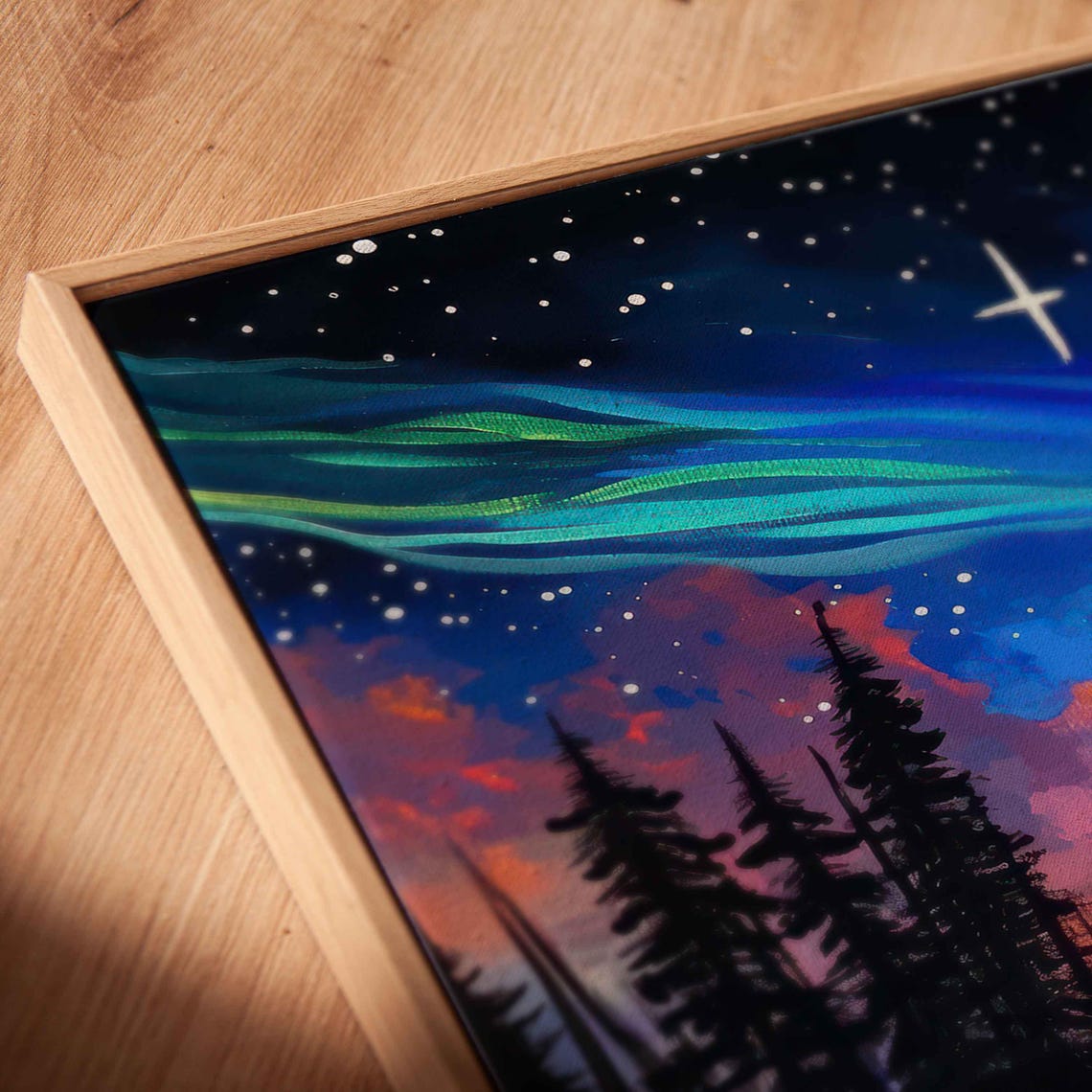 Northern Lights Aurora Ribbons Over Dark Pine Forest Sunset Sky Poster - Image 2
