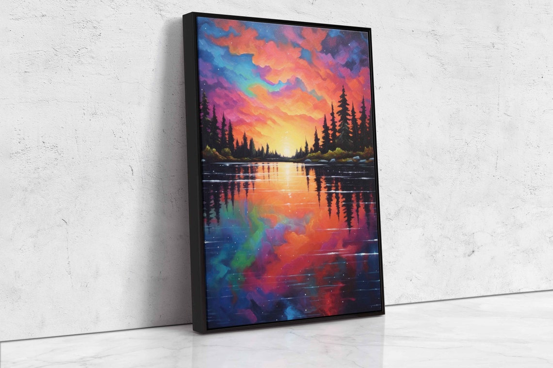 Neon Colorful Lake With Abstract Clouds Painting Framed Print Ready To Hang Neon Art Living Room Decor - Image 4