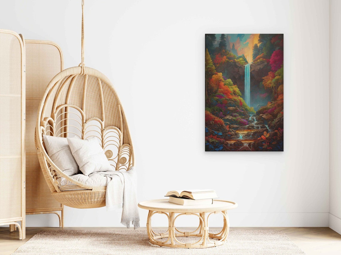 Waterfall In Colorful Autumn Forest Stylized Fantasy Art Poster - Image 3