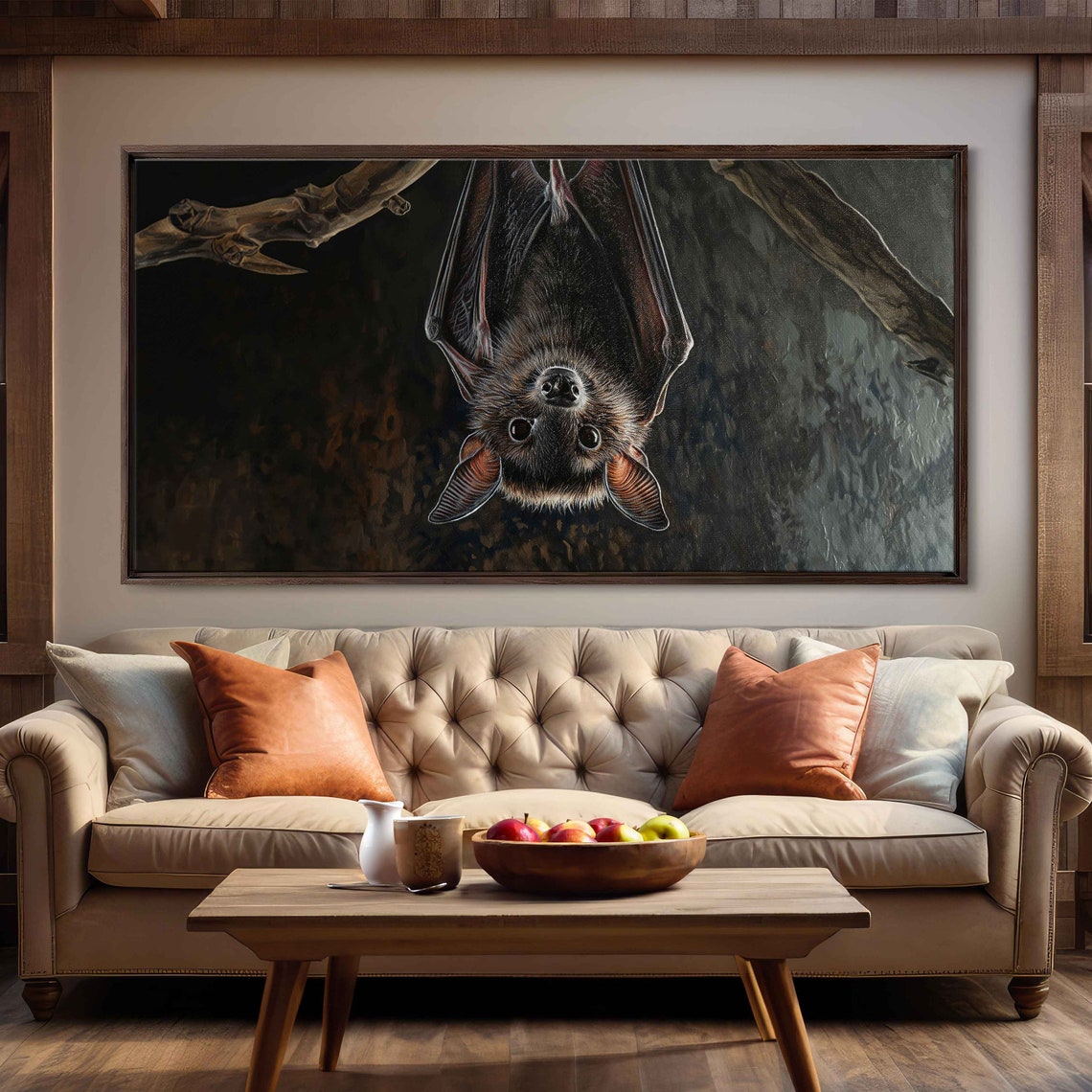 Vampire Bat Hanging Upside Down Branch Close Up Wildlife Wall Art - Image 3