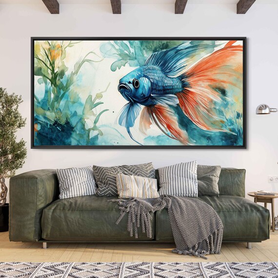 Betta Fish Watercolor Wall Art Print Flowing Fins Underwater Greenery Vibrant Colors