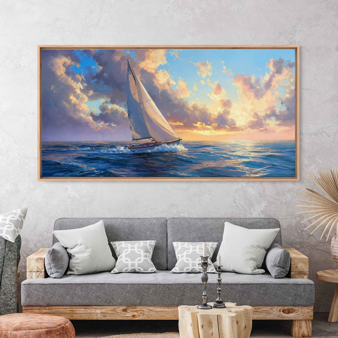 Sailboat At Sunset Golden Orange Sky Reflective Ocean Painting Poster - Image 3