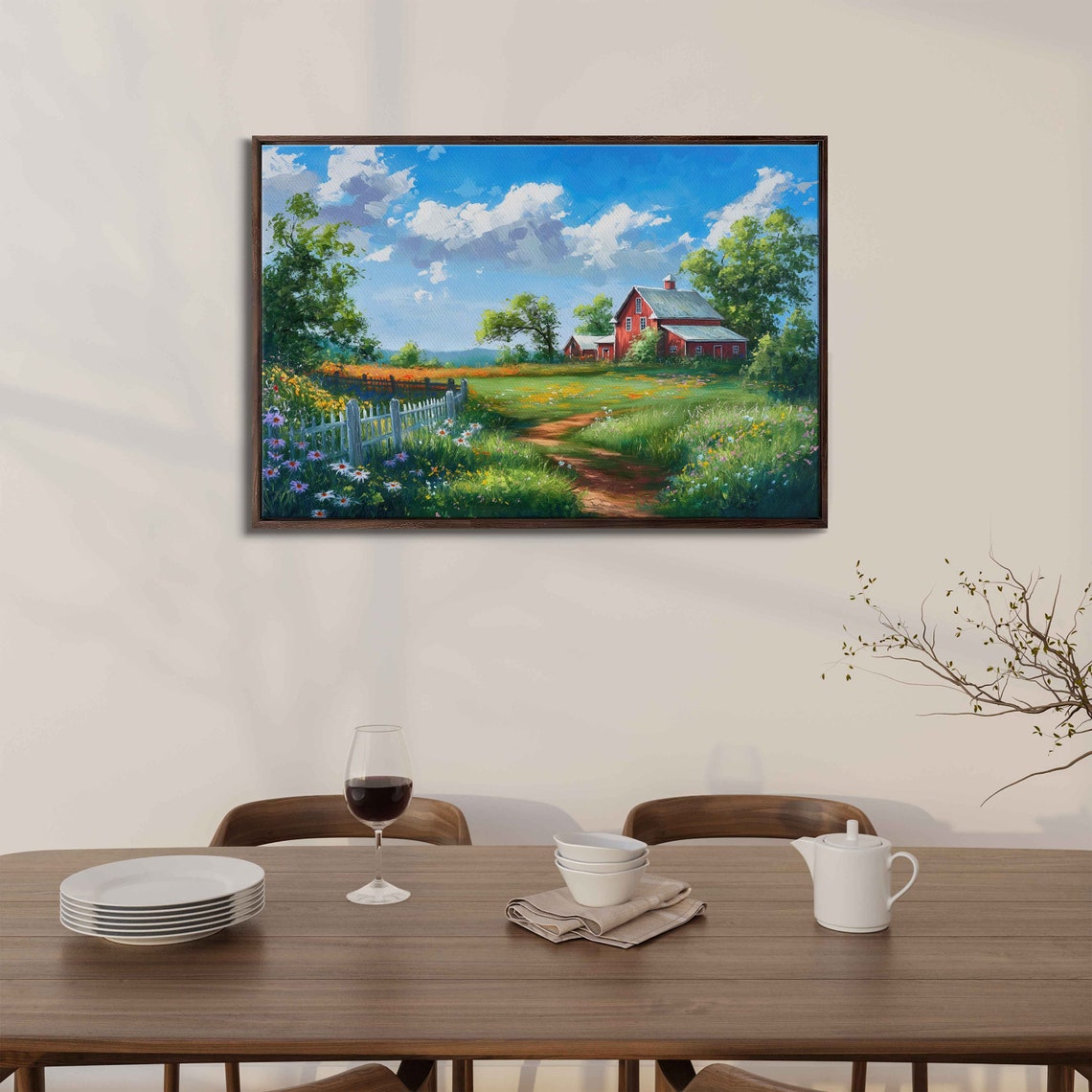 Serene Barn Landscape Paitning Cloudy Blue Sky Lush Greenery White Picket Fence Wall Art Print Ready To Hang