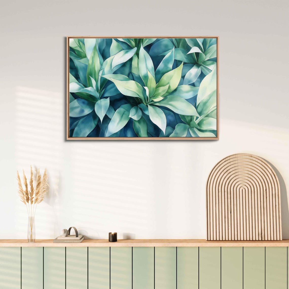 Green Teal Agave Leaves Close Up Watercolor Botanical Art Poster