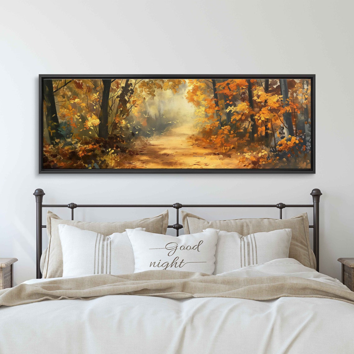 Golden Autumn Forest Path Sunlit Fall Leaves Painting Poster