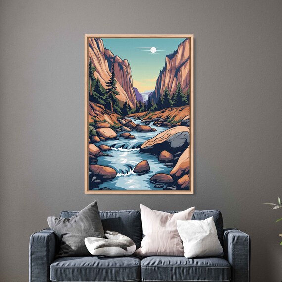 Flowing Rock River Colorful Valley Soothing Sunset Art Framed Print Ready To Hang