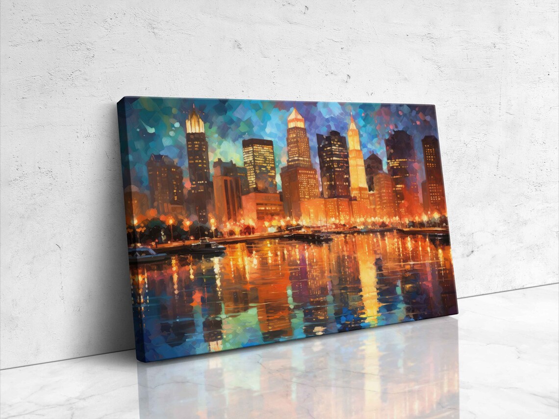 Impressionist City Skyline Night Lights Shimmering Water Reflection Poster - Image 4