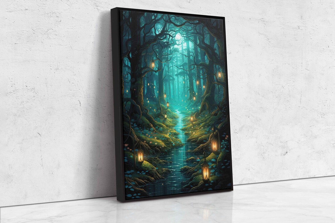 Enchanted Lantern Forest Winding Stream Magical Pond Fantasy Art Wall Art Print Ready To Hang - Image 4