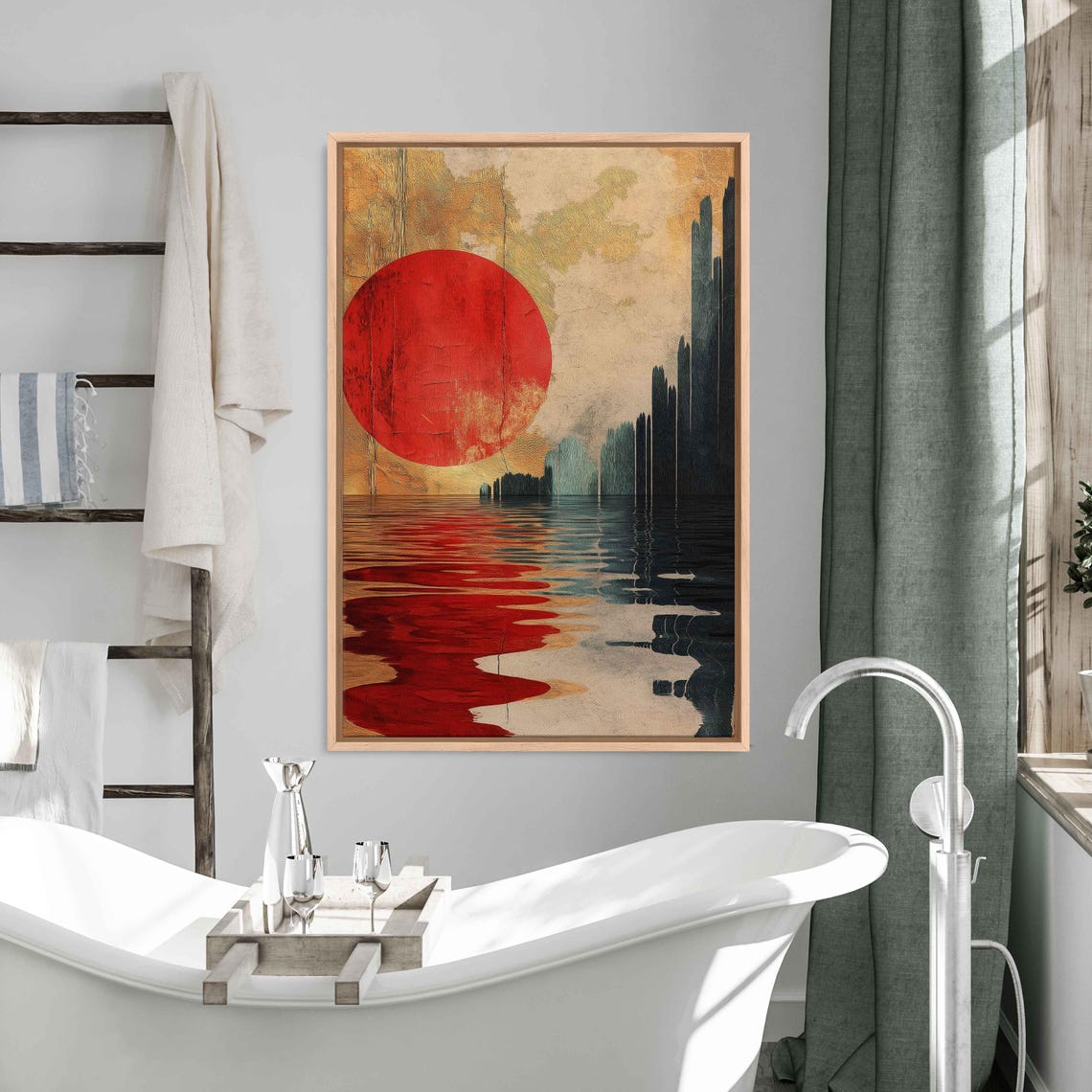 Surreal Rippled Pond Reflection Wall Art Print Whimsical Tizian Red Accents