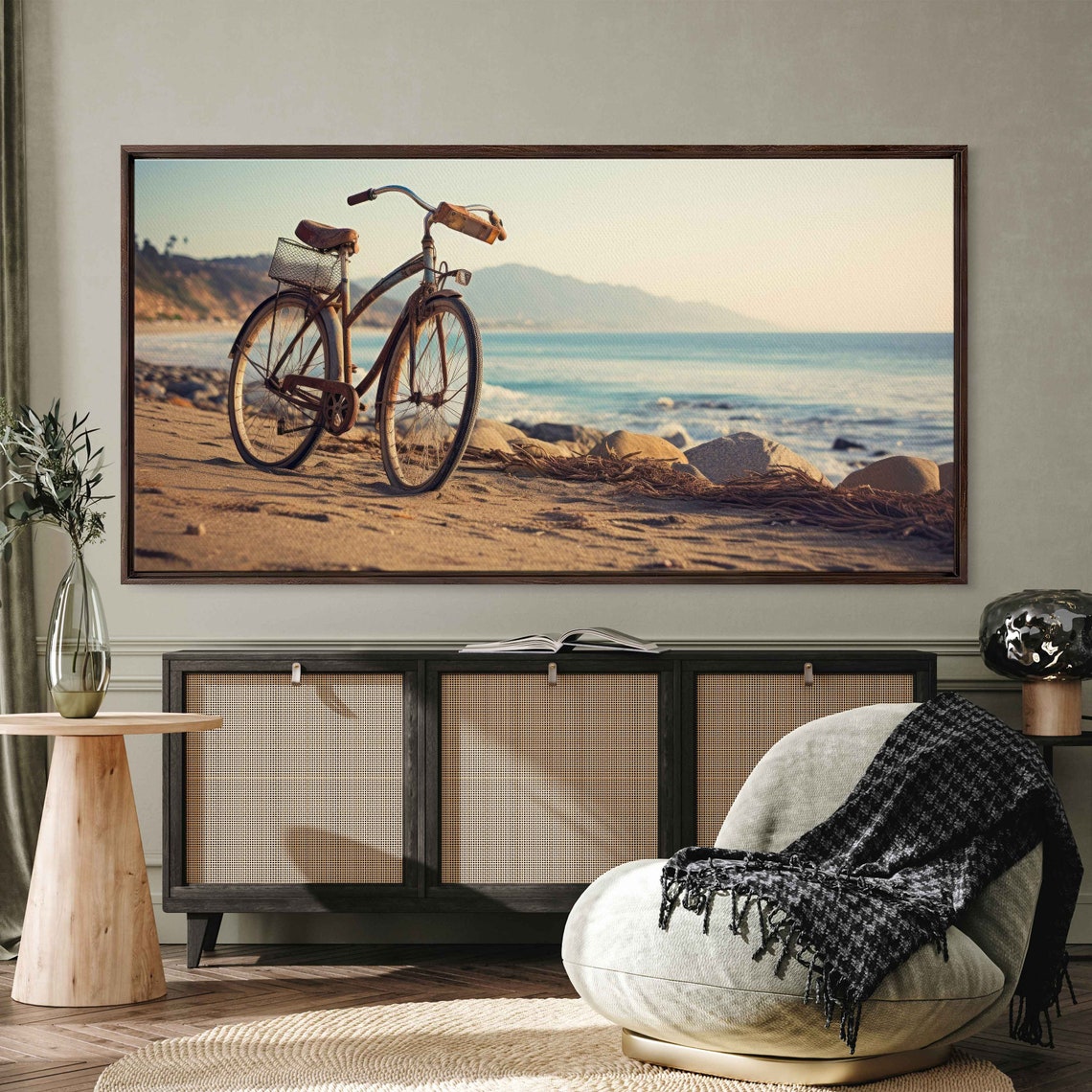 Vintage Bicycle On Sandy Beach Ocean Waves Coastal Travel Poster