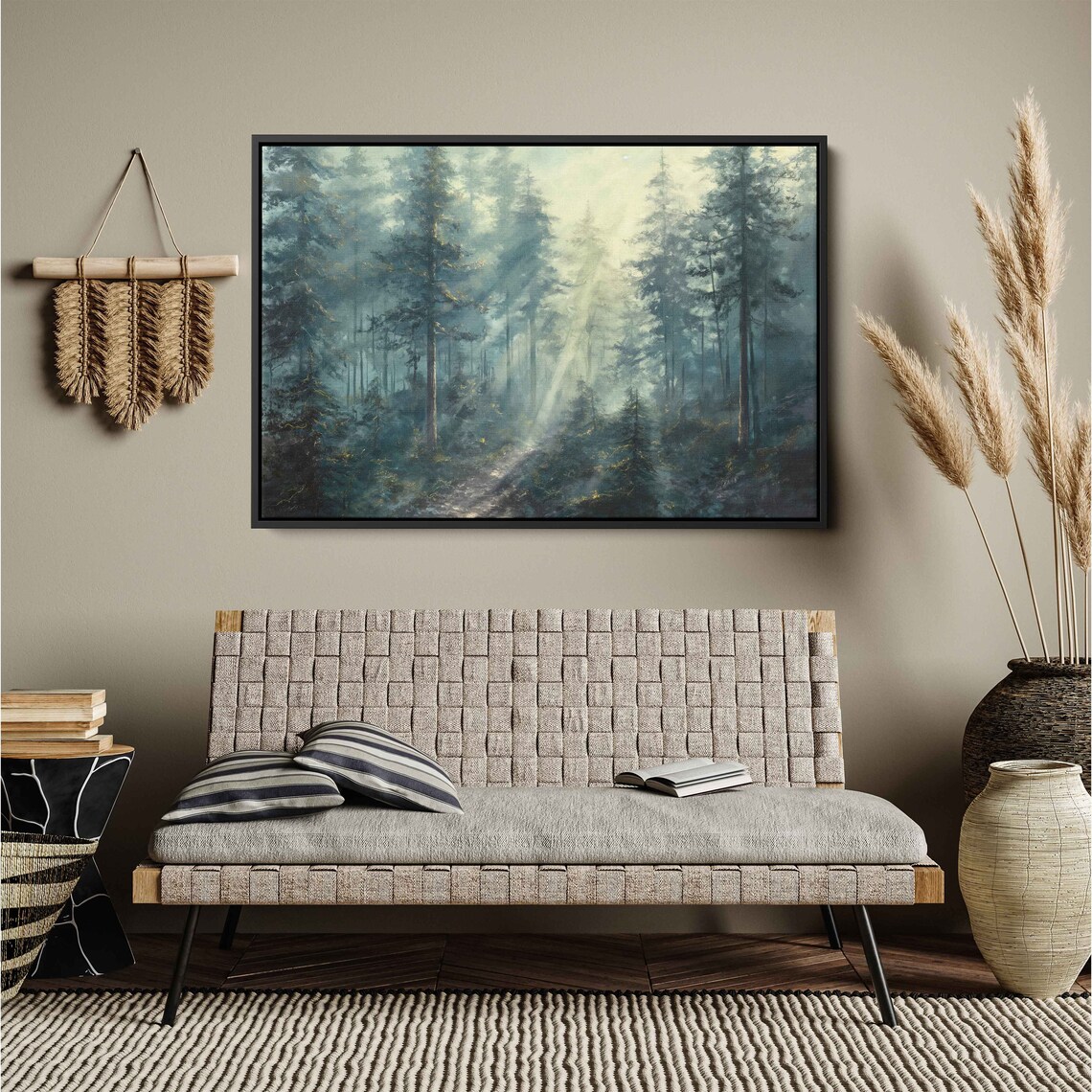 Sun Shining Through Dense Forest On Misty Morning Wall Art Print Nature Poster Gift For Hiker Ready To Hang - Image 3