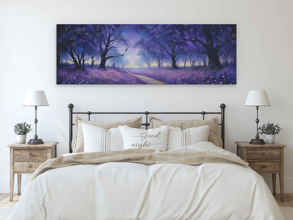 Lavender Meadow Twilight Path Purple Night Forest Panoramic Art Print - Image 3
