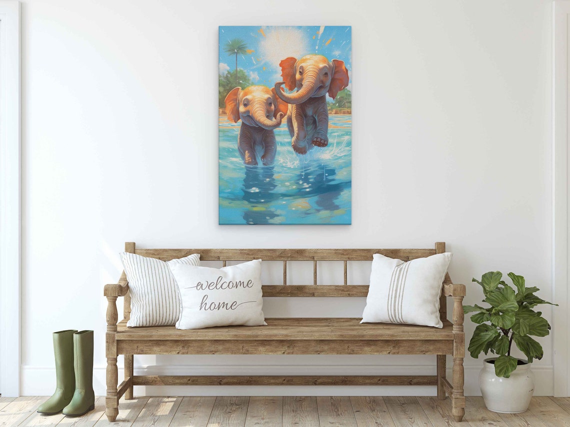 Two Baby Elephants Playing Turquoise Water Cute Wildlife Print - Image 2