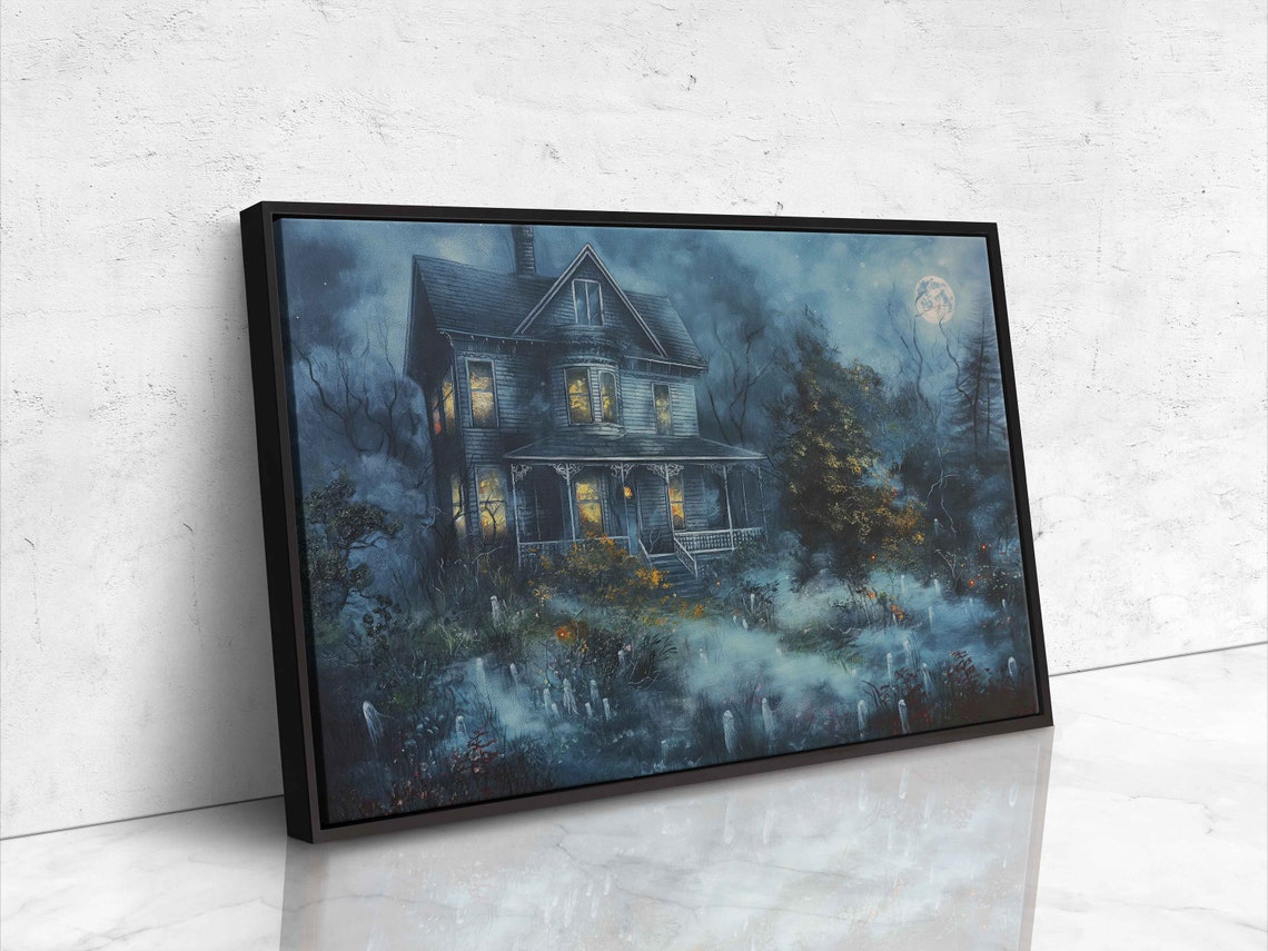 Old Haunted House Foggy Night Glowing Windows Full Moon Spooky Poster - Image 4
