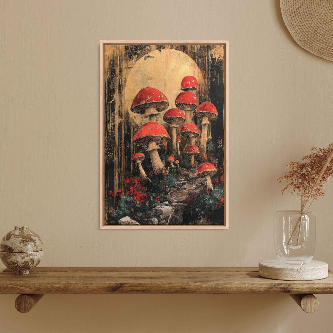 Red Mushroom Forest Under Golden Full Moon Fantasy Surreal Art Poster