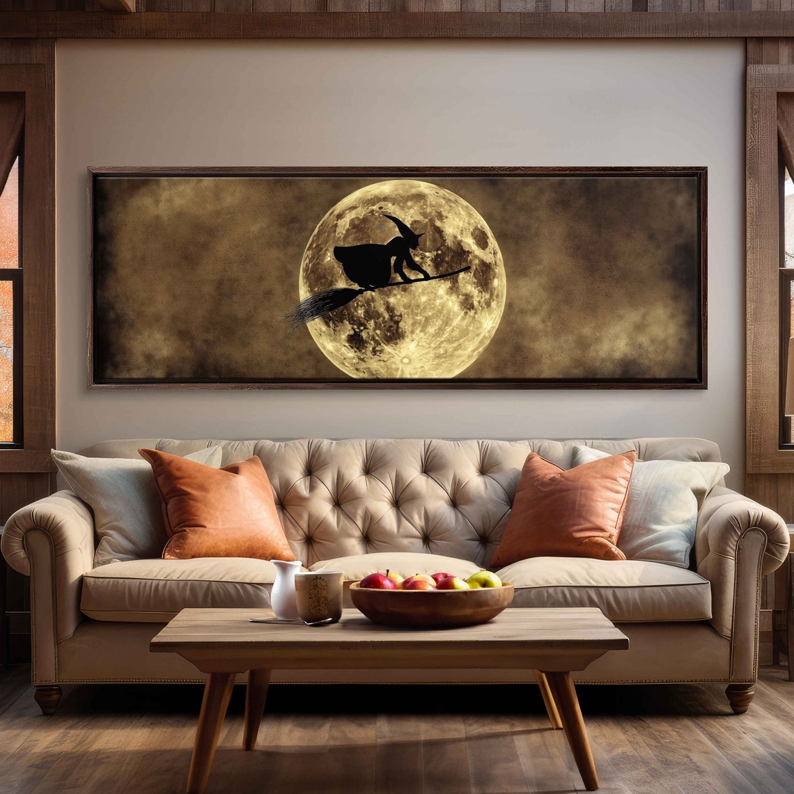 Witch Flying Broomstick Full Moon Vintage Silhouette Panoramic Poster - Image 3