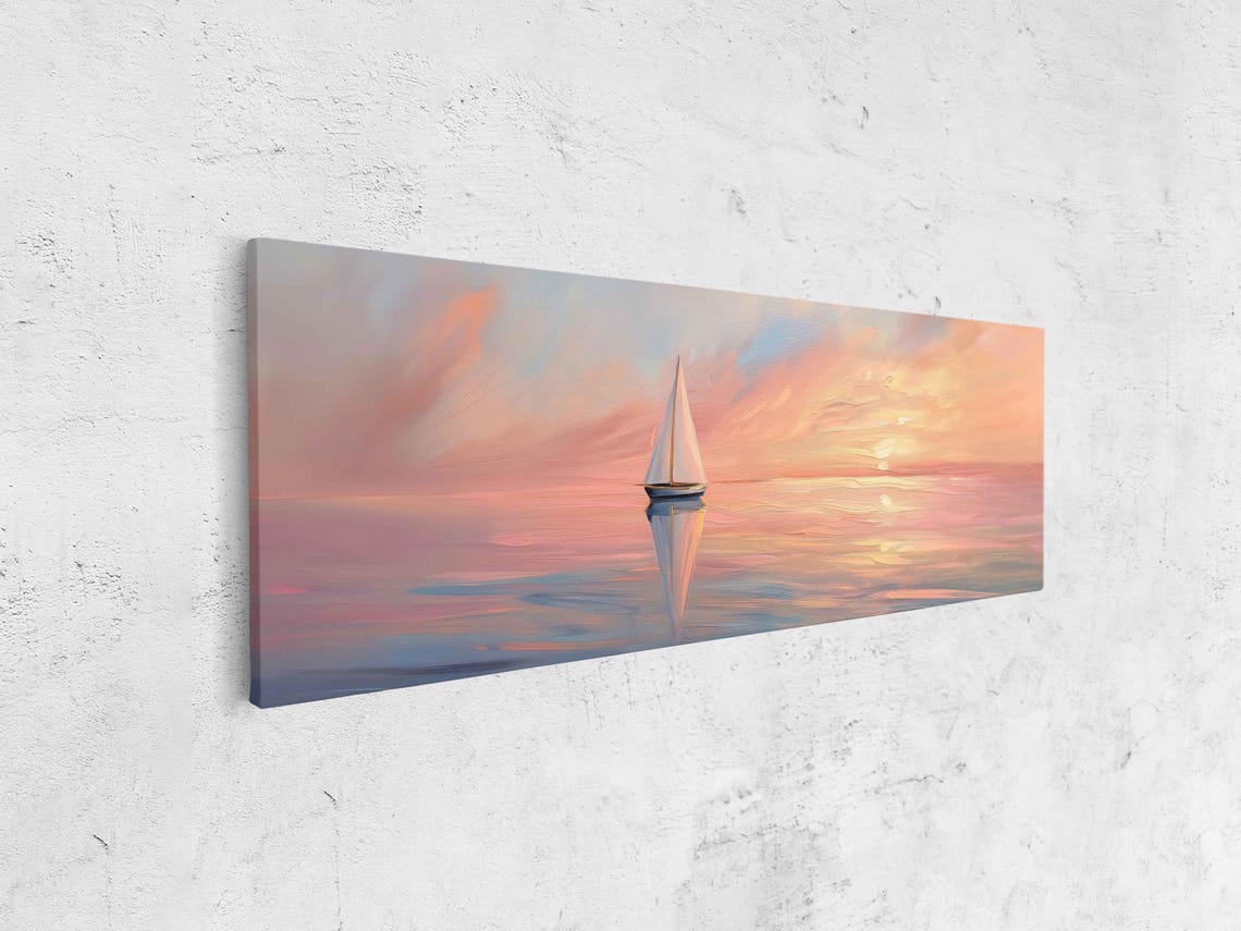 Sailboat On Pink Sunset Sea Mirror Reflection Panoramic Poster - Image 4