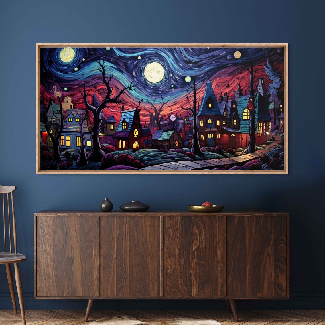 Starry Night Village Swirling Purple Sky Glowing Windows Fantasy Art Poster - Image 2