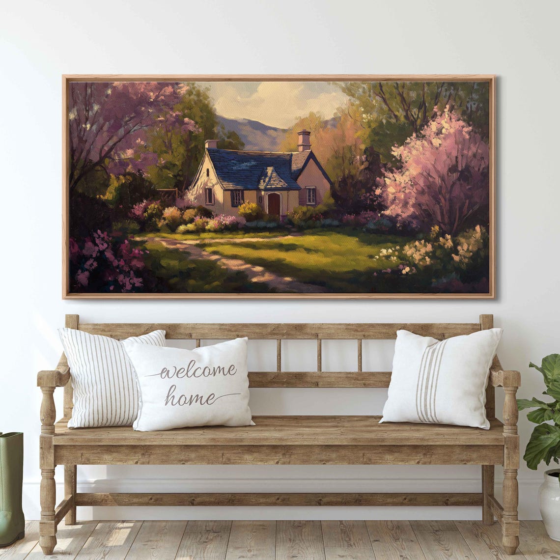 Charming Cottage Among Pink Spring Blossoms Landscape Painting Poster