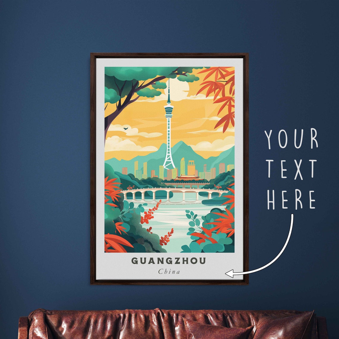 Guangzhou China Canton Tower River Bridge Sunrise Autumn Leaves Poster