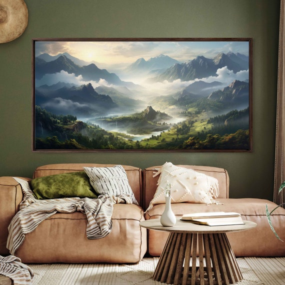 Foggy Watercolor Mountain River Wall Art Print Flowing Stream Peaceful Nature Cloudy Mountain Island Ready To Hang