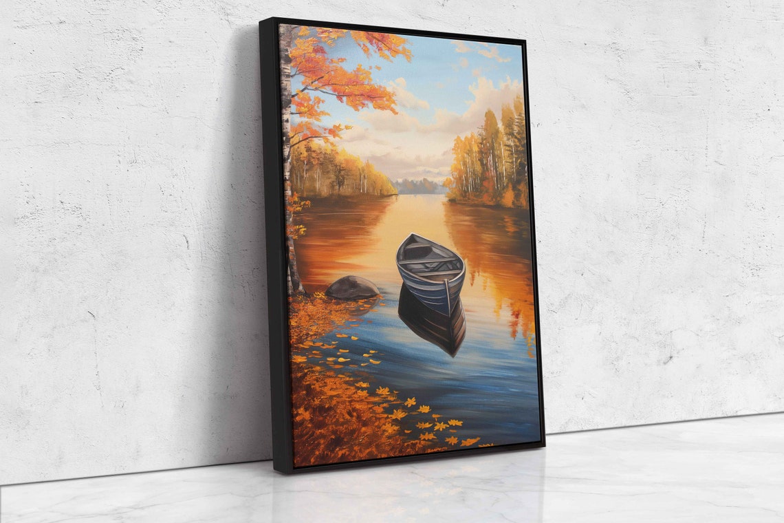 Lone Canoe On Calm Autumn Lake With Golden Birch Trees Painting Poster - Image 4
