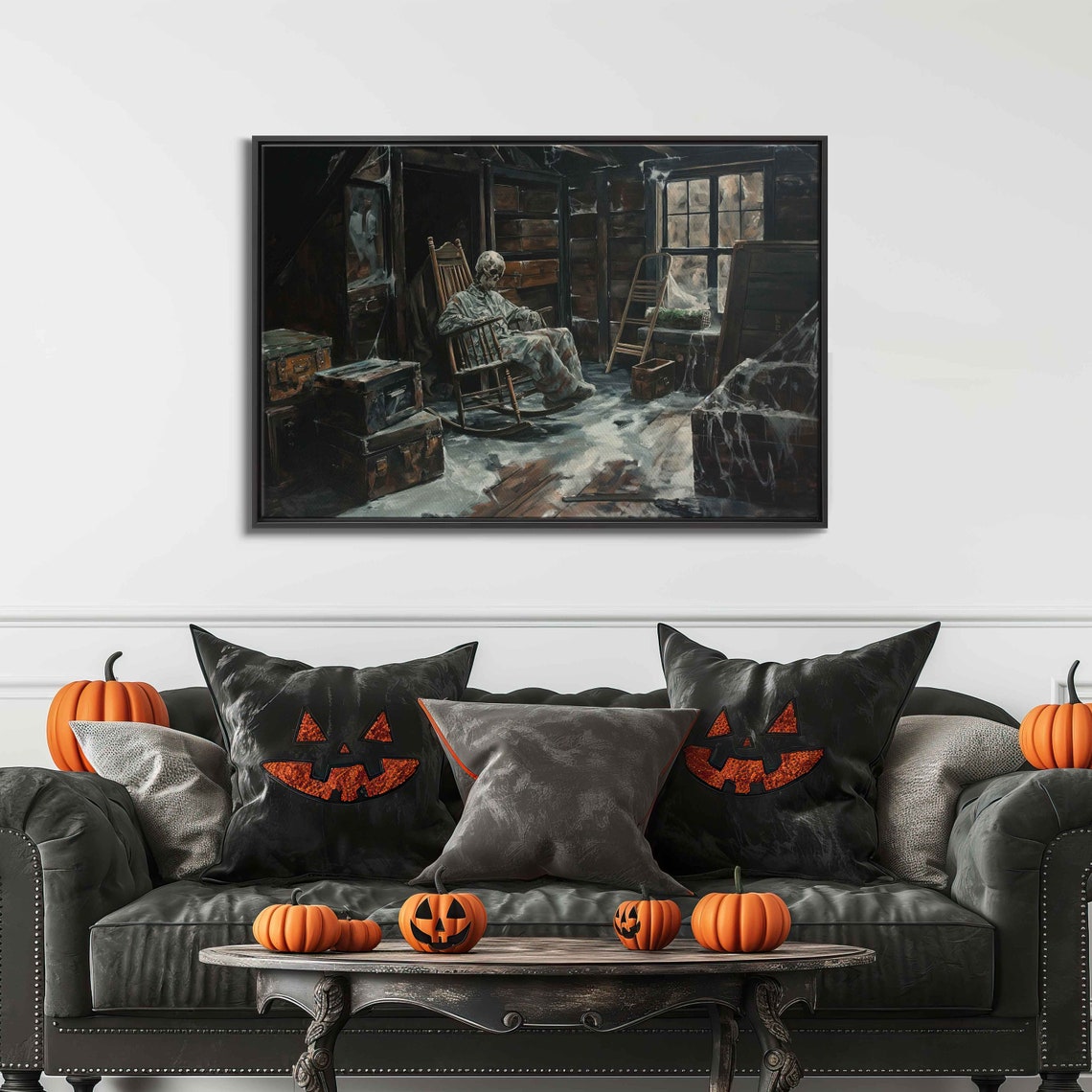 Skeleton Sitting In Rocking Chair Cobwebbed Attic Haunted House Print