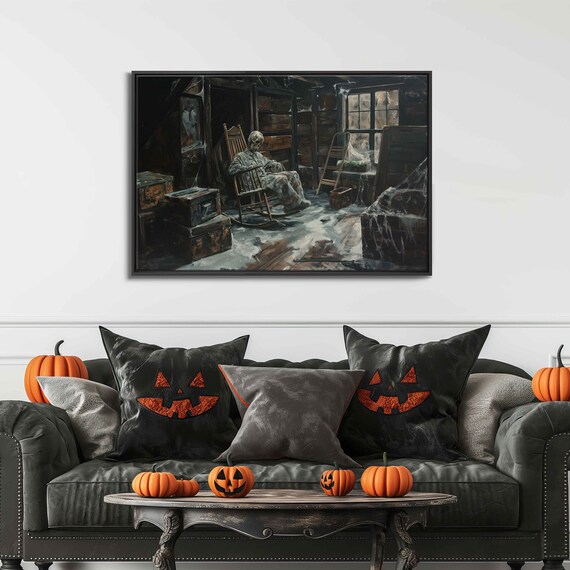 Skeleton Sitting In Rocking Chair Cobwebbed Attic Haunted House Print