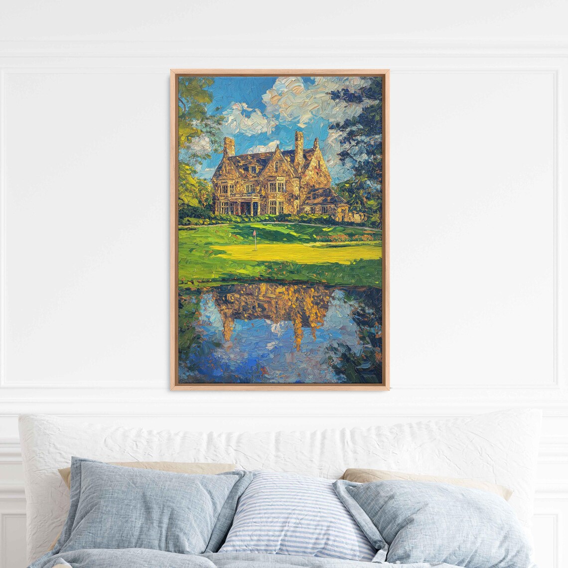 Stone Golf Clubhouse By Still Pond With Reflection Oil Painting Poster - Image 3
