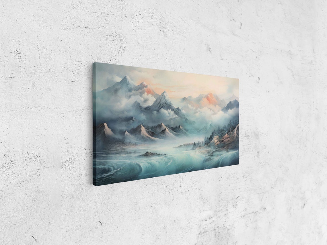 Misty Cloudy Mountains Turquoise Ocean Waves Japanese Art Wall Print - Image 4